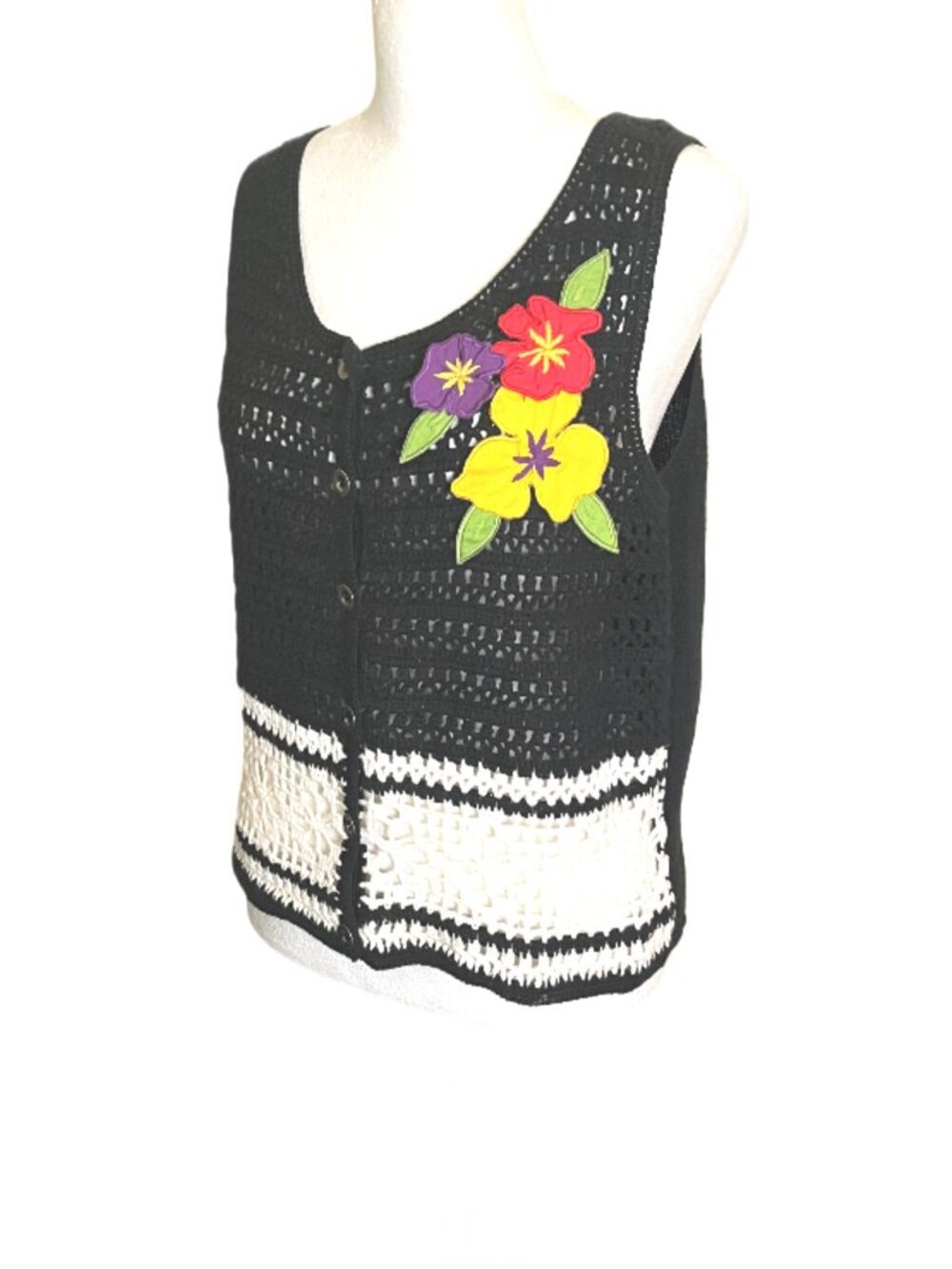 Carole Little Vintage 1990s Crochet Button-Up Applique Sweater Vest Size Small